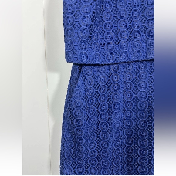J Crew Women’s Blue Sheath Dress Eylelet Lace Overlay size 0 Side Pockets - Picture 3 of 10